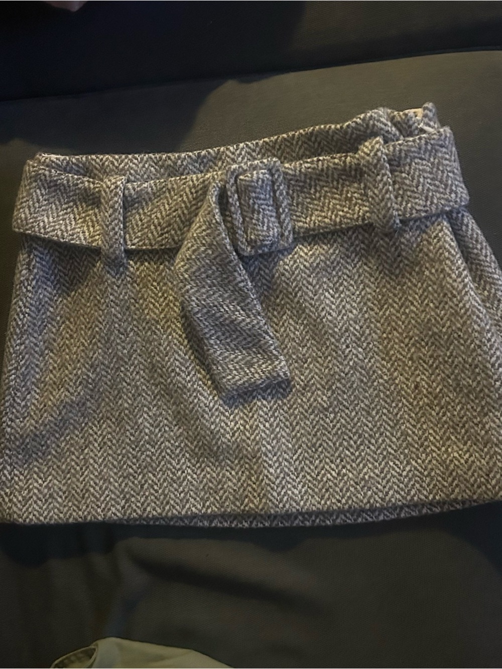 Dynamite Gray Herringbone Belted Mini Skirt